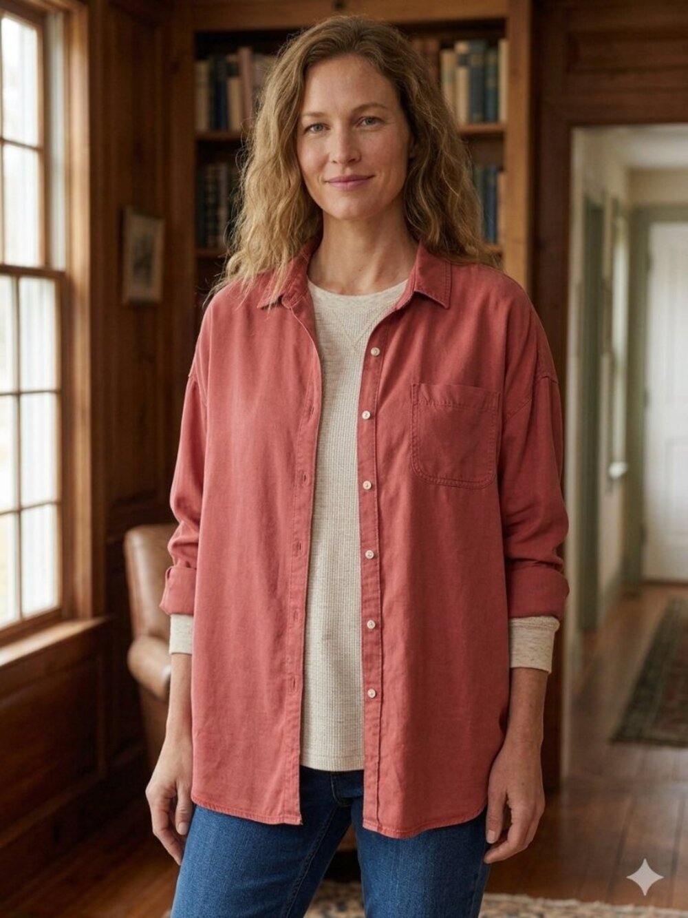 Soft Surroundings Je Veux Long Sleeve TENCEL™ Big Shirt Red XL